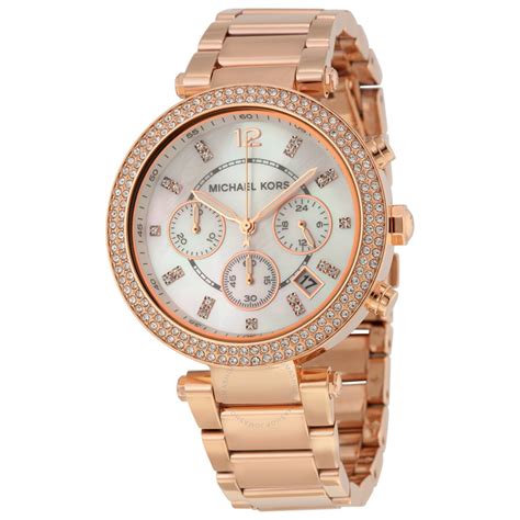 michael kors clear acrylic and rose gold watch|Michael Kors parker chronograph watch.